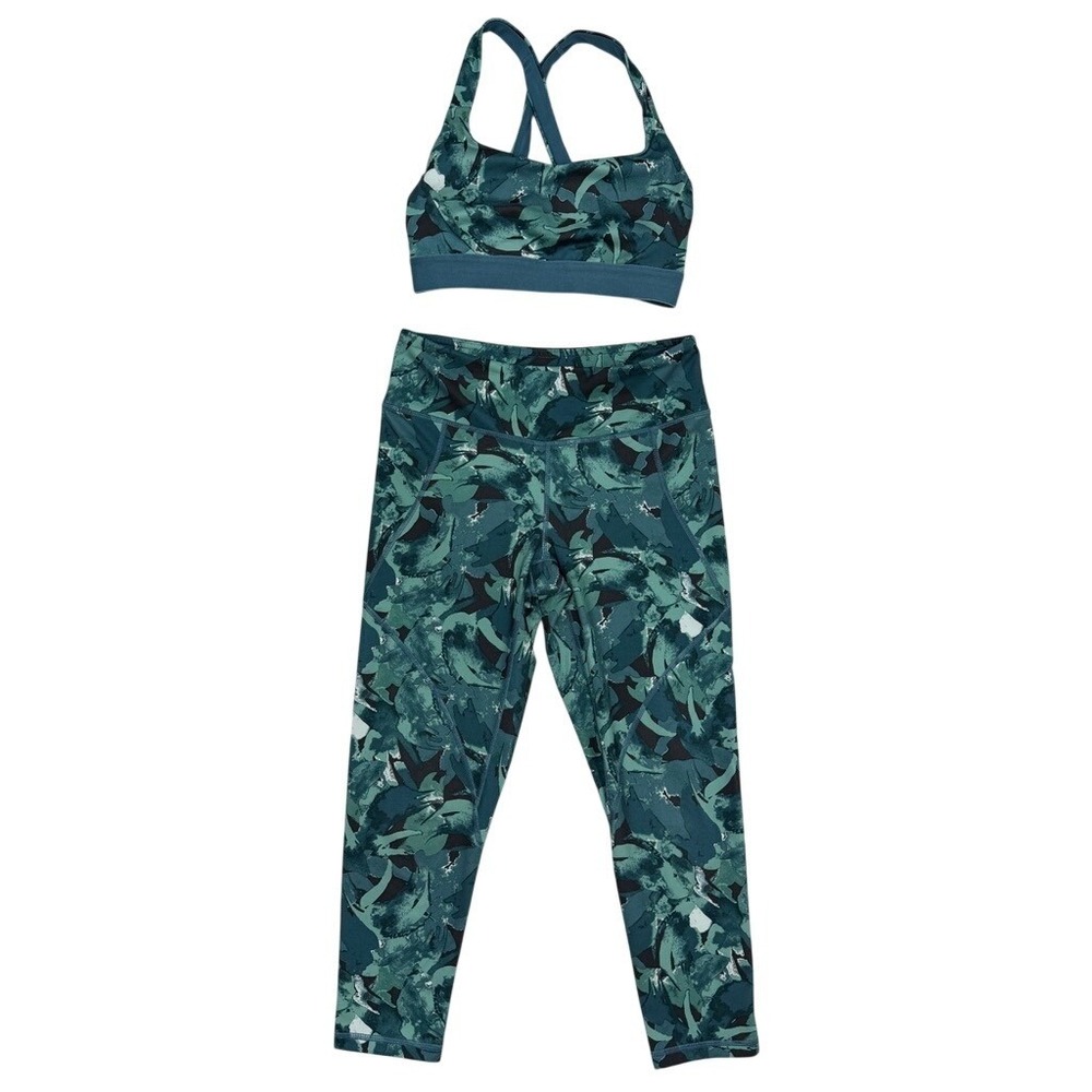 Patagonia Womens Teal Abstract Print Sports Bra and Cropped Leggings Set Small